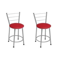Kit 2 Banquetas Baixas Prata com Encosto Assento Vermelho - Fortmix