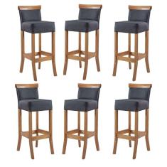 Kit 6 Banquetas Alta Encosto Estofada 36x100 Cm Diamantina Madeira Maciça Mel Linho Cinza L67 - RMI