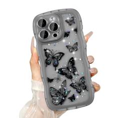 UEEBAI Capa Wave para iPhone 15 Pro Max, linda capa brilhante com glitter para mulheres, capa de telefone bonita e brilhante para meninas, capa transparente com borboleta, ondulada, à prova de choque,