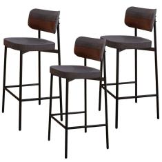 Kit 03 Banquetas Alta Bar Cozinha Sala De Jantar Aço Preto Kaira C01 Linho Preto Courino Whisky - Lyam Decor