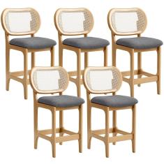 Kit 5 Banquetas Baixa Bar Cozinha Sala De Jantar Betta L02  Tela Linho Cinza Escuro - Lyam Decor