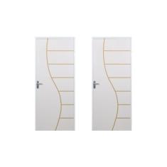 2 Kits Porta de Madeira Decorada 215x85cm com Batente de Aço 06cm Cantareira Branco