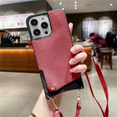 Capa de telefone tipo carteira crossbody para iPhone 15 14 Plus 13 12 11 Pro Max Capa de couro com suporte para cartão, cordão de ombro, alça de corda, vermelho preto, para iPhone 14Pro Max