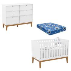 Berço Americano e Cômoda 6 Gavetas Unique Branco Soft Eco Wood com Col