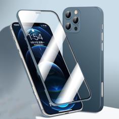 Capa de telefone com capa completa 360 para iPhone 12 11 Pro Max 12 Mini X XR XS Max Frente de vidro temperado traseira capa dura à prova de choque fosca, azul marinho, para iPhone 11 Pro