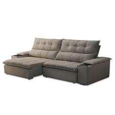 Sofá Retrátil 3 Lugares Com Porta Copo 230cm Malta F05 Veludo Cinza