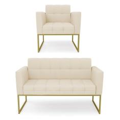Kit 1 Sofá Namoradeira E 1 Poltrona Elisa Linho Base Metálica Industrial Dourada - Cor A19 Bege