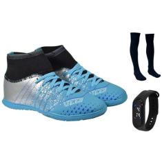 Chuteira Futsal Botinha  Cano Alto Adulto Costurada + Meião e Relógio 