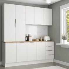 Cozinha Modulada 4 Peças com Tampo 2 Aéreos 5 Portas e 2 Balcões Ipanema CabeCasa MadeiraMadeira Branco