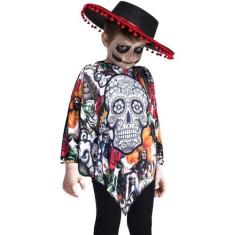 Fantasia Caveira Mexicana Infantil de Halloween Poncho - Fantasias Car