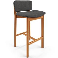Banqueta Alta Dara L02 Estofada em Linho com Estrutura de Madeira Encosto Fixo Cinza Escuro