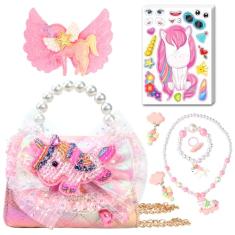 LSSAGOON Bolsa borboleta sereia unicórnio para meninas, bolsa infantil com conjunto de joias para vestir, mini bolsa transversal de pérolas, presentes para aniversário, Natal, rosa