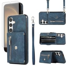 Capa de telefone para Samsung Galaxy S24 Plus S24+ 5G capa carteira e protetor de tela de vidro temperado com alça transversal de pulso cordão suporte para cartão de crédito celular S24plus 24S + S 24
