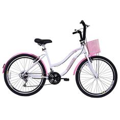 Bicicleta Feminina 26 Beach Retrô Branca de 18 Velocidades com Aros duplos, Pneus Slik, Paralamas e Cesta Rosa - Dalannio Bike