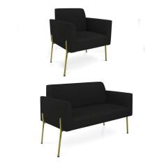 Sofá Namoradeira E Poltrona Pé De Ferro Dourado Marisa Linho D03 Preto