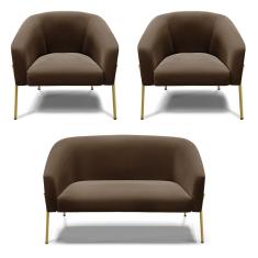 Sofá Namoradeira E 2 Poltronas Pé De Ferro Dourado Stella Suede D03 - D'rossi Cor Marrom