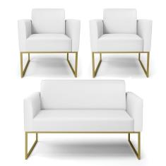 Sofá Namoradeira Com 2 Poltronas Base Industrial Dourado Marisa Corino Branco D03 - D'rossi