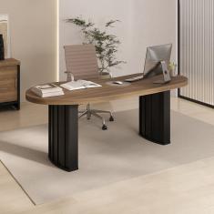Mesa Para Escritório Com Curvas Orgânicas, Pés Ripados E Tampo Tamburato Diretor 2 Metros Nogal-preto