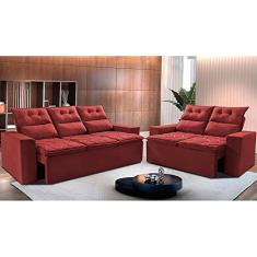 Conjunto de Sofá 3 e 2 Lugares Retrátil e Reclinável 2,00x1,50m Cama Inbox Smal Suede Vermelho