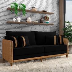 Sofá Living Montecarlo 2 Lugares Bipartido 212cm Pés Em Madeira Veludo-pu Preto-caramelo G33 Gran Belo