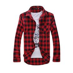 Bestgift Camisa xadrez masculina de manga comprida com mistura de algodão, Vermelho, L