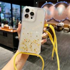 Capa de colar com cordão de glitter gradiente transparente para iPhone 14 13 12 Mini 11 Pro XS Max X XR SE 2022 7 8 Plus Capa, amarela, para iPhone 14 Plus