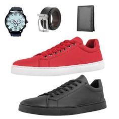 Kit 2 Tênis Vermelho E Preto + Carteira + Relógio + Cinto - Nshoes, Ve