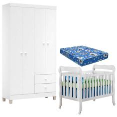 Berço Americano Lila Com Colchão Para Berço Americano E Guarda Roupa Ternura Baby 4 Portas Branco Flex - Incorplac