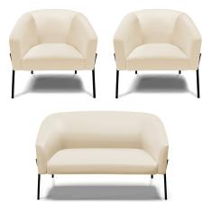 Sofá Namoradeira E 2 Poltronas Pé De Ferro Preto Stella Corino D03 - D'rossi Cor Bege