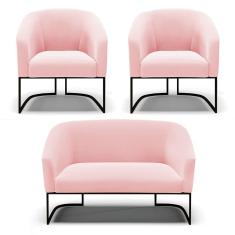 Sofá Namoradeira E 2 Poltronas Base Industrial Preto Stella Suede Rosa Bebê D03 - D`rossi