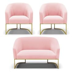 Namoradeira E 2 Poltronas Base Industrial Dourado Stella Suede Rosa Bebê D03 - D`rossi