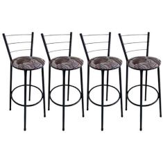 Kit 4 Banquetas Alta Preta com Encosto Assento Folhagem Marrom Jaddi