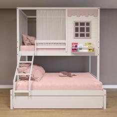 Treliche Casinha Reta Casal/ Solteiro com Cortina Madeira Maciça Branc