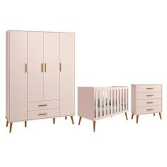 Dormitório Infantil Isis Guarda Roupa 4 Portas, Cômoda e Berço Rosa - 