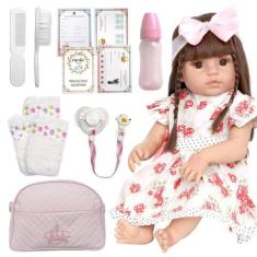 Bebê Boneca Reborn Cabelo Castanho + Bolsa e Itens - Cegonha Reborn Do