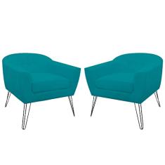 Kit 02 Poltronas Decorativas Jolly Pés Aramado Suede Azul Turquesa - DS Estofados