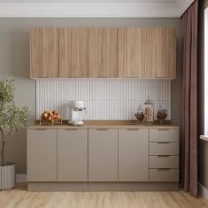 Cozinha Modulada 4 Peças com Tampo com Rodapé 2 Aéreos e 2 Balcões Ipanema Cabecasa Madeiramadeira Cinza Trama/ Acácia