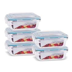 KIT 5 Potes de Vidro Retangular com Tampa Hermética 370ml Cor:Azul (QH)