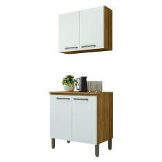 Armário De Cozinha Completa e Lavanderia Com Balcão Ametista Kits Paraná 4 Portas 0,80m Madeirado/Branco