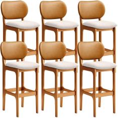 Kit 06 Banquetas Altas Para Cozinha Betta L02 Madeira Maciça Assento Estofado Imbuia Whisky Cru Lyam Decor