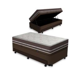 Cama Box Baú e Auxiliar Solteiro Marrom + Colchão de Molas Anjos Class