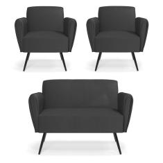 Sofá Namoradeira com 2 Poltronas Pés Palito de Ferro Bruna Corino - D`Rossi