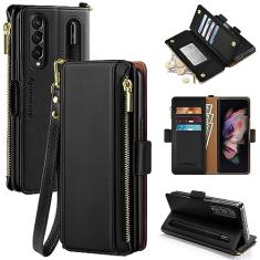 Antsturdy Capa carteira feminina compatível com Samsung Galaxy Z Fold 3 5G com 【S Pen Holder】 Capa de telefone com alça de couro PU com bloqueio de RFID Flip Folio Cover Slots de crédito masculina,
