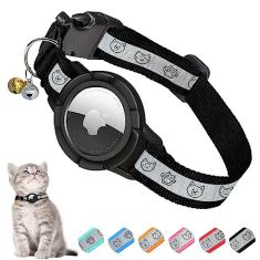 Coleira de gato Airtag atualizada com tira refletiva, coleira de gato integrada MONBEYEE Airtag, coleira refletiva GPS para gatos com suporte e sino, compatível com Airtag Apple para meninos, meninas e gatos