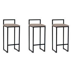 Kit 3 Banquetas Industriais Premium Bar Cozinha Bistrô Em Aço Dori Preta Assento Suede Bege Preto