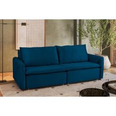 Sofá Cama Retrátil E Reclinável 4 Lugares 225cm Em Veludo Com Molas Greta Yescasa Azul