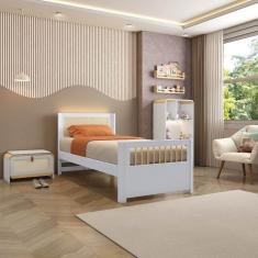 Cama Solteiro Juvenil Reversível em Rattan com Led Wave Casatema Branco/Natural