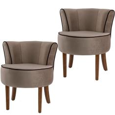 Kit 02 Poltronas Decorativas Sala de Estar Base de Madeira Ayla Veludo Marrom Claro - Gran Belo