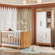 Quarto de Bebê Completo Lara 100% Mdf 3 Portas 2 Gavetas Amadeirado/Branco 5354 - Tigus Baby