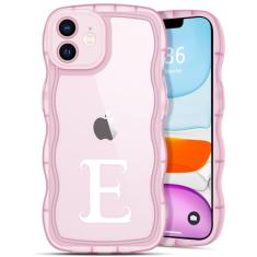 R'hllor Capa rosa para iPhone 11, capa de telefone personalizada com iniciais A - Z para presente de Dia dos Namorados, linda capa protetora de TPU com borda ondulada encaracolada, capa de telefone